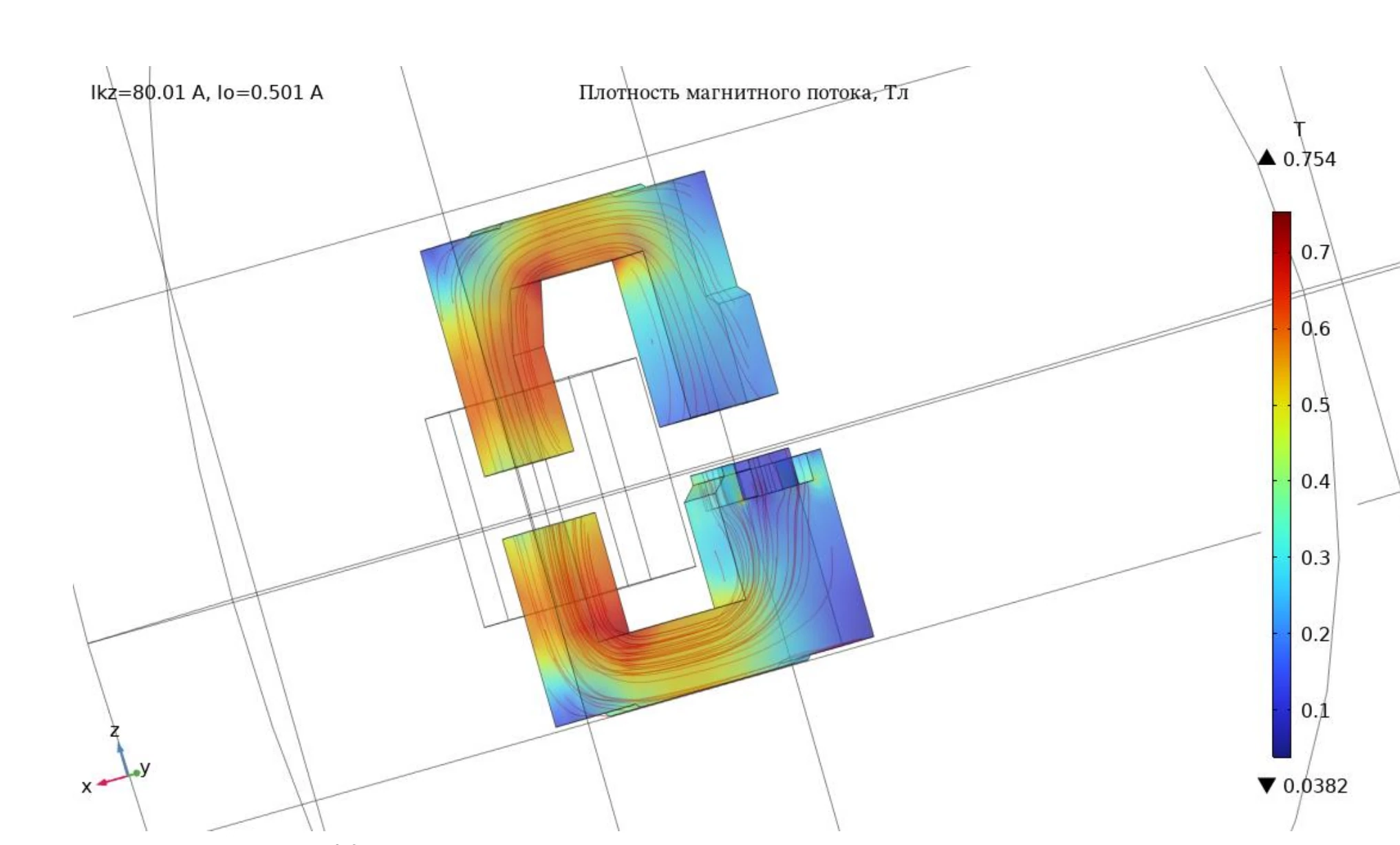 Распределение плотности магнитного потока по магнитопроводу контактора в COMSOL